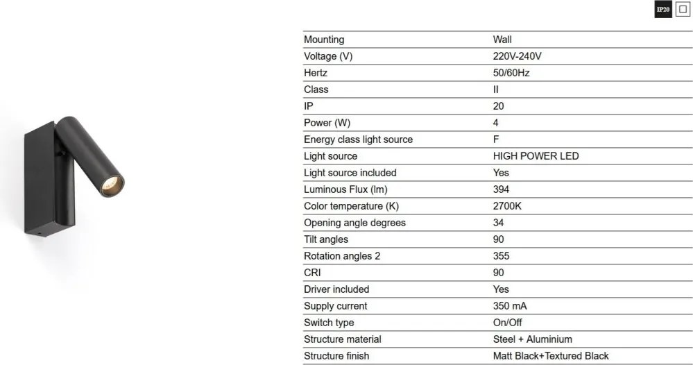 Aplica cu reader LED directionabil stil minimalist CRONOS negru