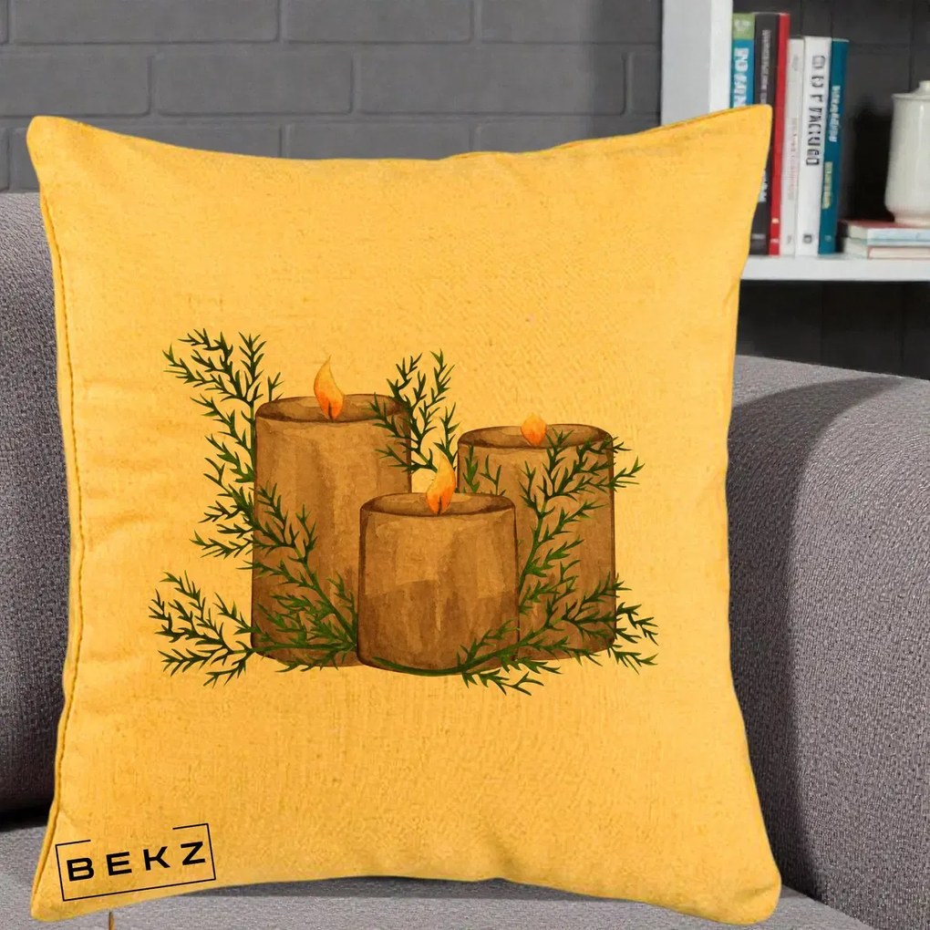 Perna Decorativa Lumanari Rustice cu Crengute Brad, 40x40 cm, Galben, Husa Detasabila, Perna Inclusa, BEKZ®