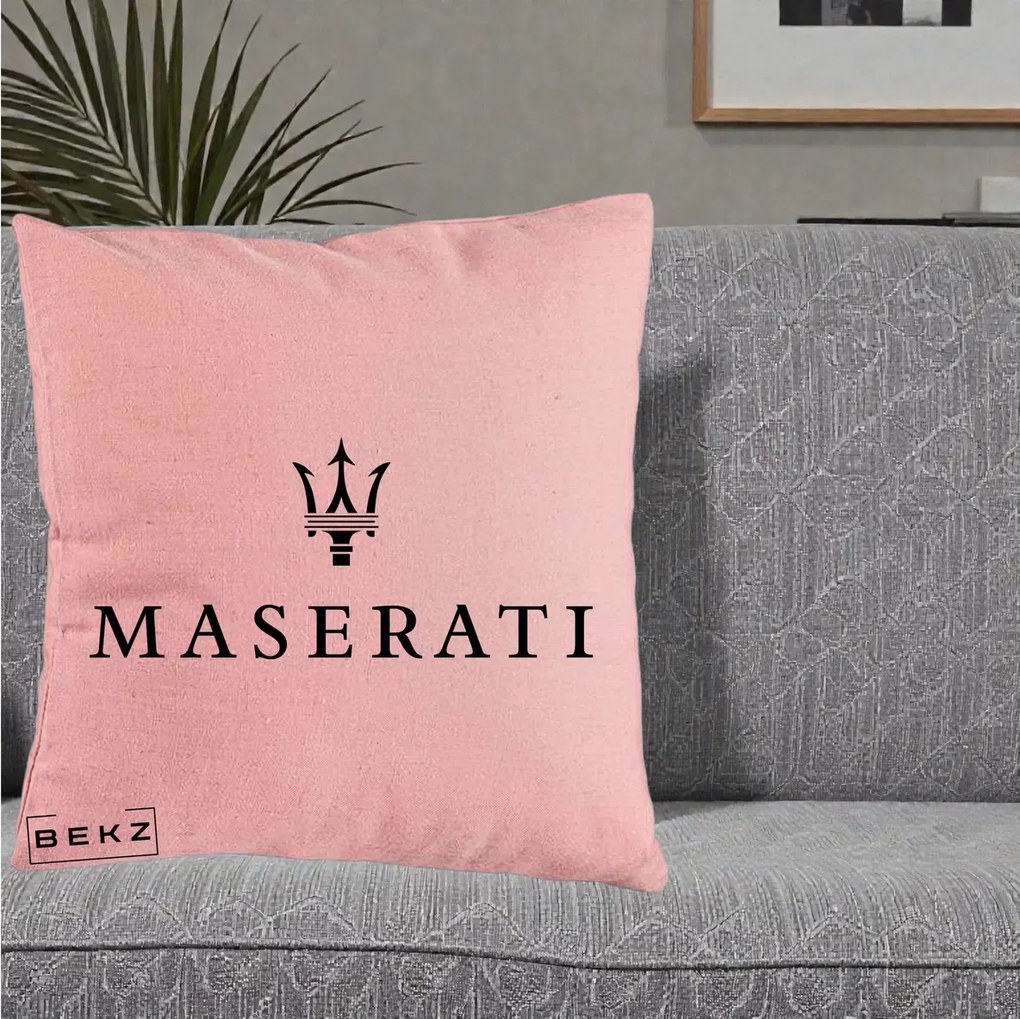 Perna Personalizata cu emblema Maserati, 40x40 cm, Roz, Husa Detasabila, Perna Inclusa, BEKZ®