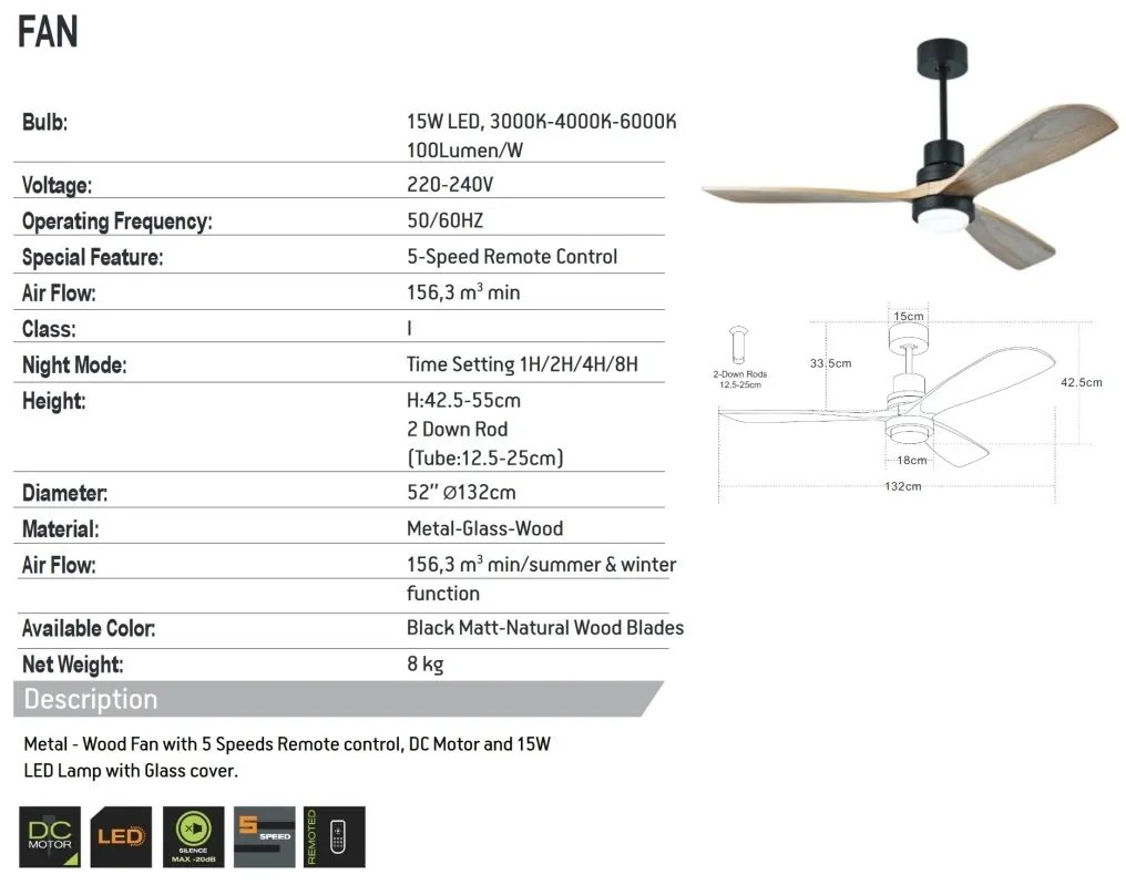 Lustra LED cu Ventilator si telecomanda Kai negru/lemn natur