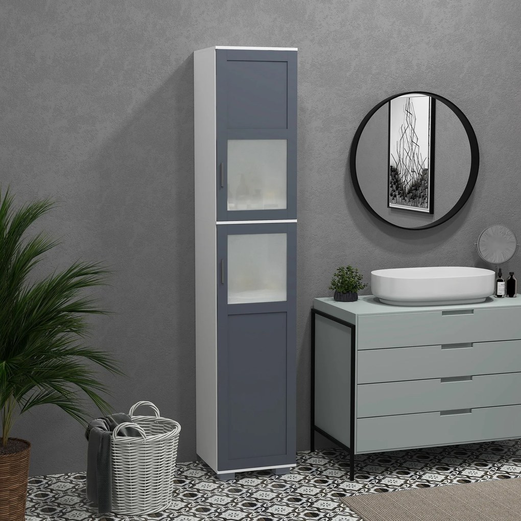 kleankin Dulap înalt de Baie Mobilier Coloană de Baie cu 2 Uși de Sticlă Temperată și Rafturi Ajustabile 37x35x190 cm Alb și Gri | Aosom Romania