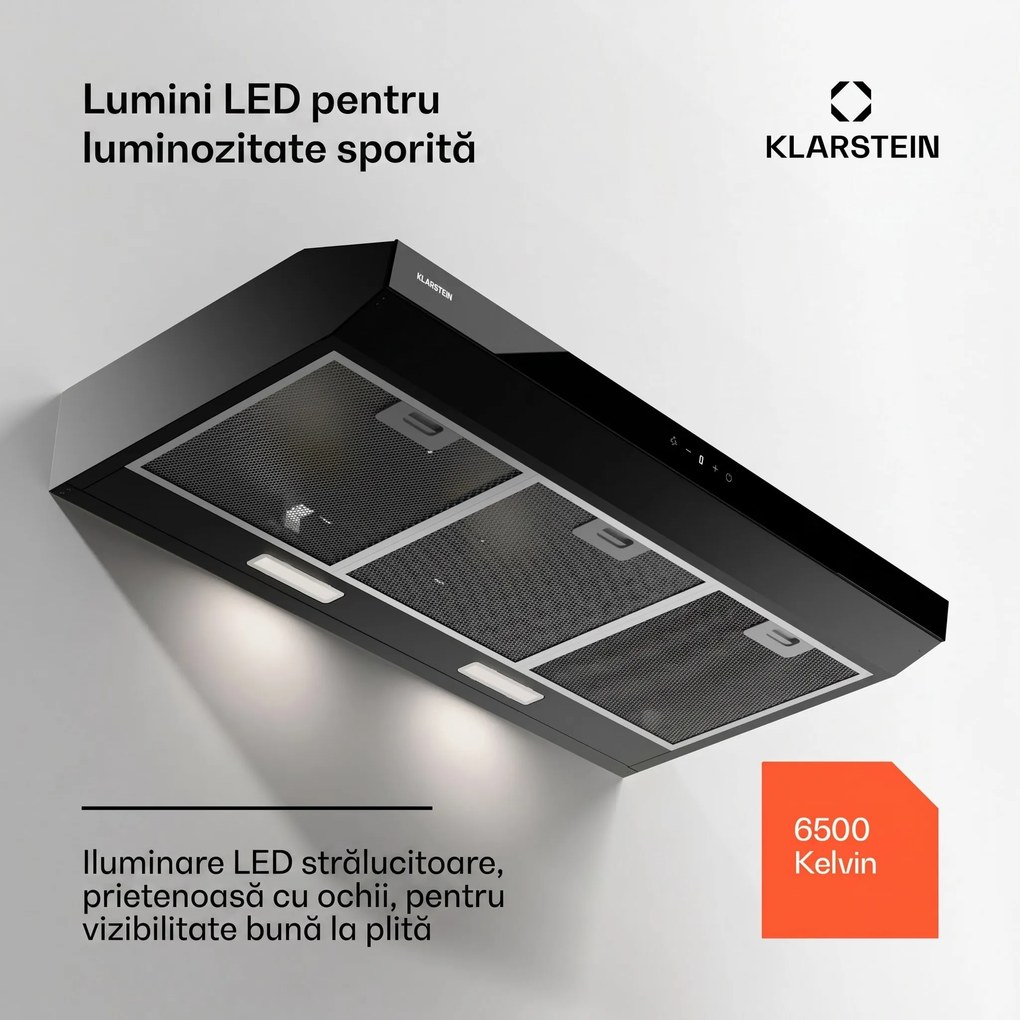 Klarstein Contempo Neo, hotă, sub dulap, recirculare, 192 m³/h, SenseControl, control tactil integrat, oțel inoxidabil / sticlă acrilică