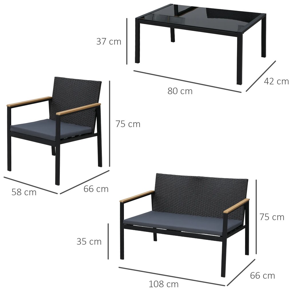 Outsunny Set Mobilier de Grădină din Ratan din 2 Scaune cu Brațe pentru Terasă, Bancă și Masă de Cafea, 80x42x37 cm, Negru | Aosom Romania