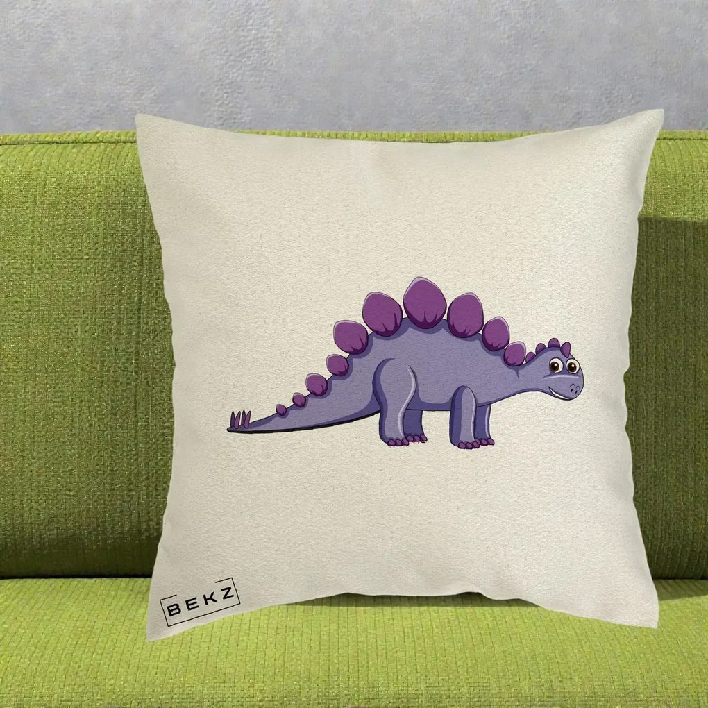 Perna Personalizata Stegozaur Mov, 40x40 cm, Ecru, Husa Detasabila, Perna Inclusa, BEKZ®
