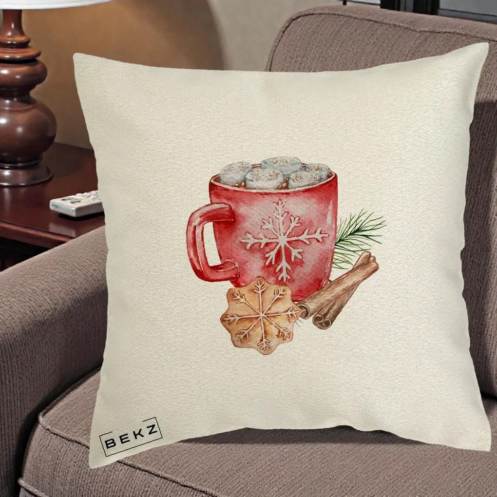 Perna Decorativa Cacao de Iarna cu Biscuit, 40x40 cm, Ecru, Husa Detasabila, Perna Inclusa, BEKZ®