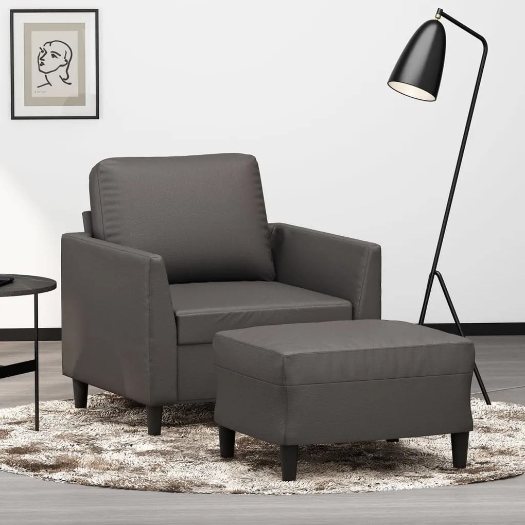3153494 vidaXL Fotoliu canapea cu taburet, gri, 60 cm, piele ecologică
