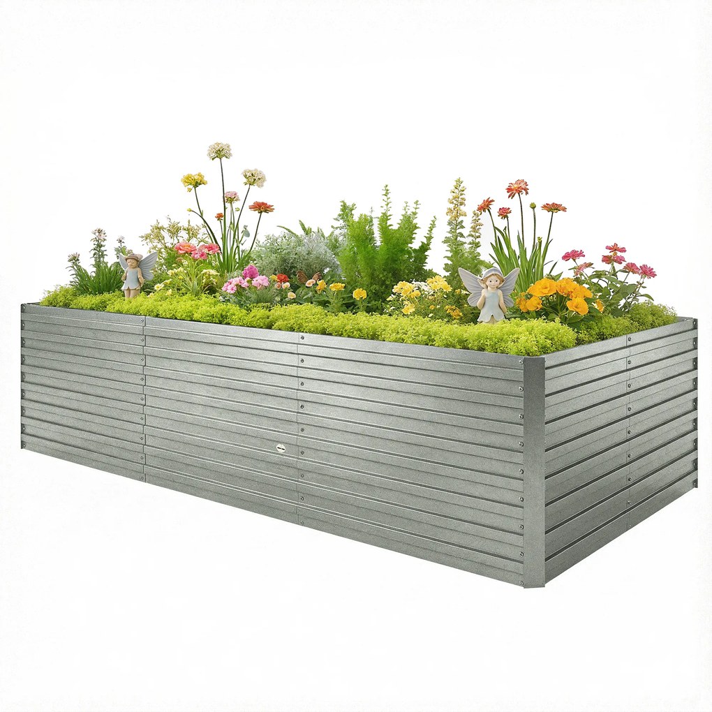 Outsunny Jardineră exterioară, jardineră ridicată galvanizată cu bordură de siguranță și fund deschis 240 x 120 x 60 cm gri argintiu | Aosom Romania