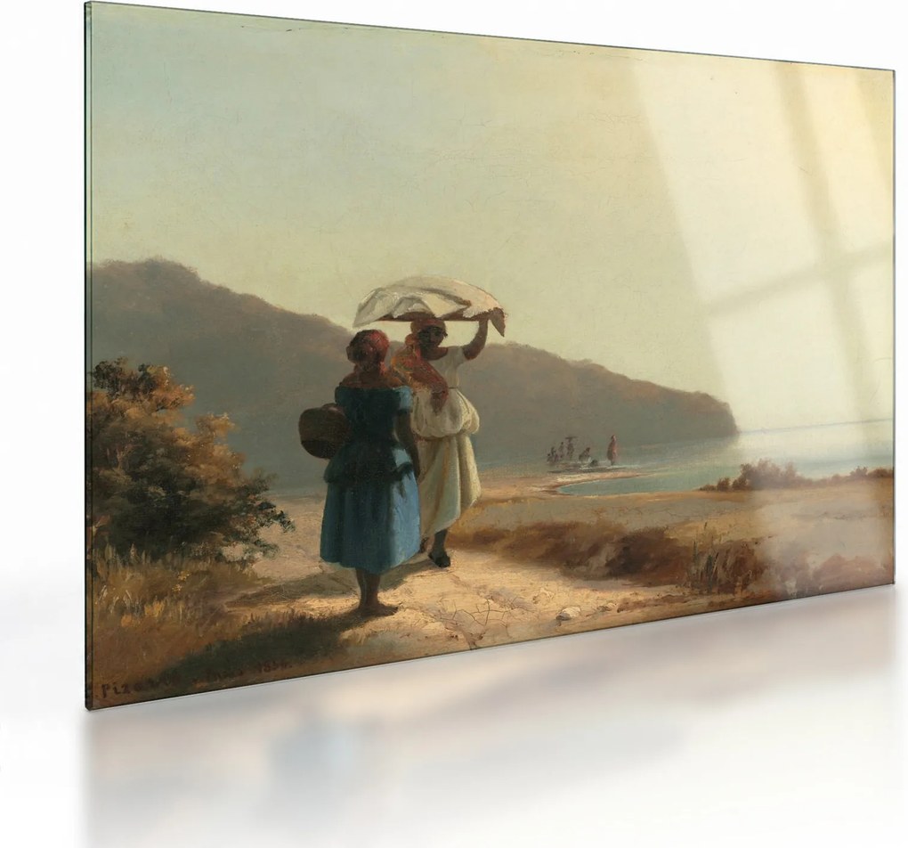 Tablou pe sticlă - Camille Pissarro, Two Women Chatting by the Sea, St. Thomas, reproducere (70x50 cm)