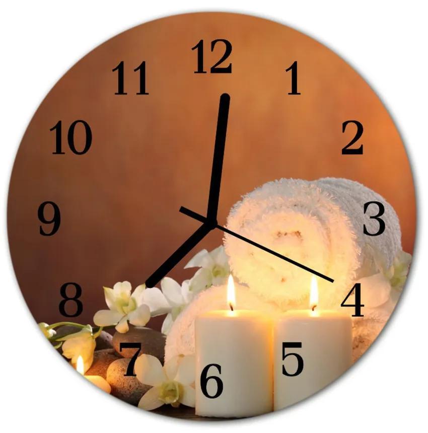 Ceas de perete din sticla rotund Spa Lumânări de sănătate alb, portocaliu