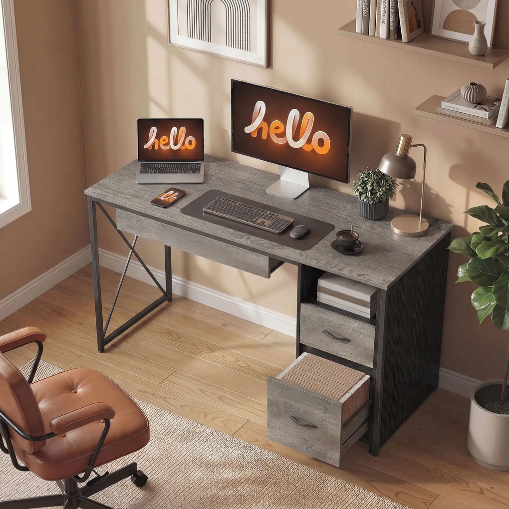 HOMCOM Birou de calculator, 120×50cm, birou cu depozitare, blat pentru tastatură, compartiment deschis și 2 sertare, gri | Aosom Romania