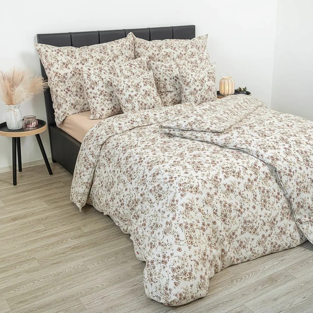 Lenjerie de pat din bumbac crep Kvalitex Flori bej, 140 x 220 cm, 70 x 90 cm