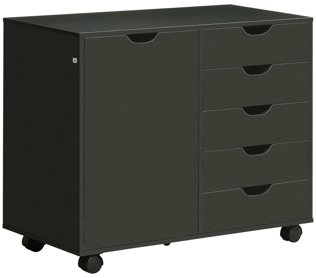 HOMCOM Cazior de birou cu 5 sertare 1 ușă raft reglabil, suport imprimantă pe role, 78x40x66,5 cm, negru | Aosom Romania