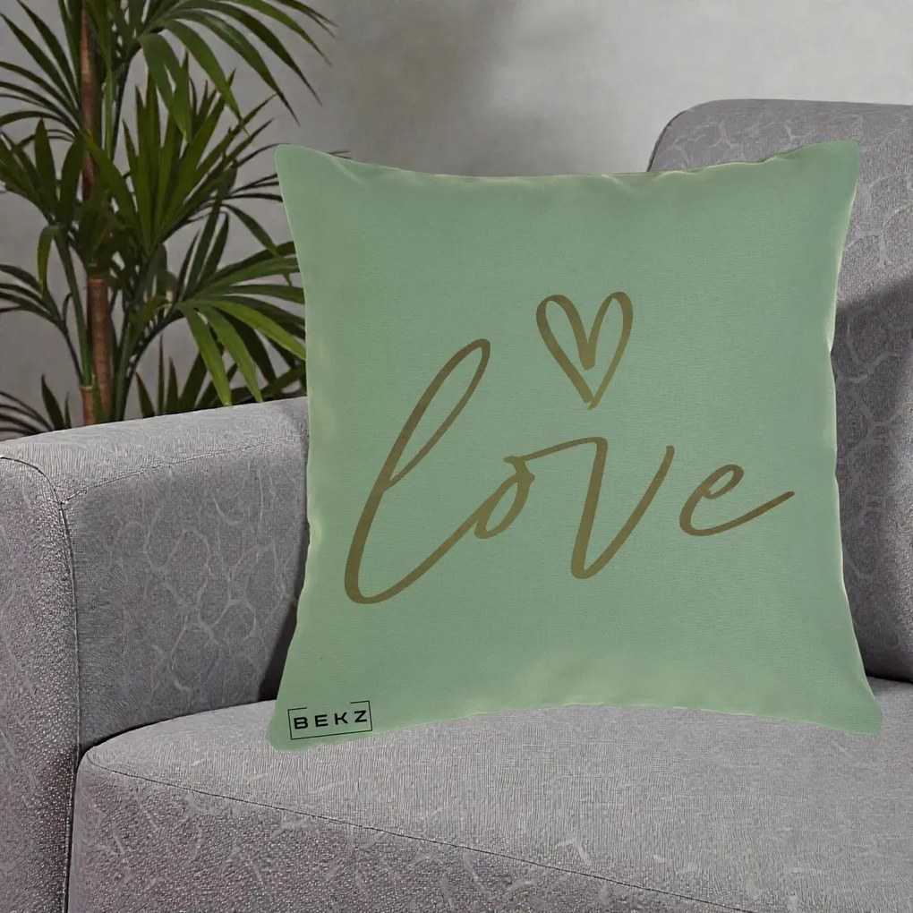 Perna Decorativa Love Caligrafie Aurie, 40x40 cm, Verde, Husa Detasabila, Perna Inclusa, BEKZ®