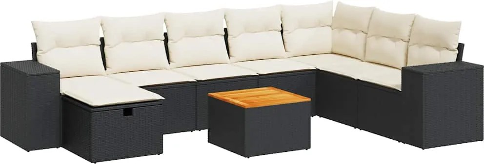 vidaXL Set mobilier de grădină cu perne, 9 piese, negru, poliratan