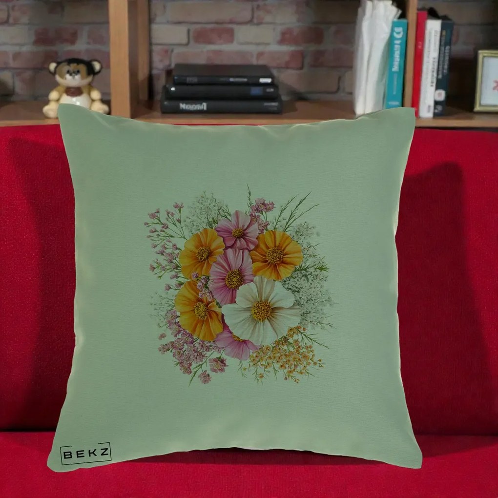 Perna Decorativa Buchet Cosmos Portocaliu Roz si Alb, 40x40 cm, Verde, Husa Detasabila, Perna Inclusa, BEKZ®