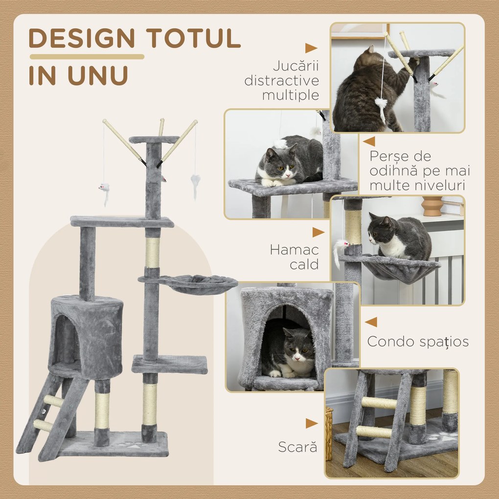 PawHut Turelă pentru pisici cu căsuță, stâlp de ascuțit gheare, platforme și 4 șoricei, din lemn, pluș și sisal, 50x35x134.2 cm, gri | Aosom Romania