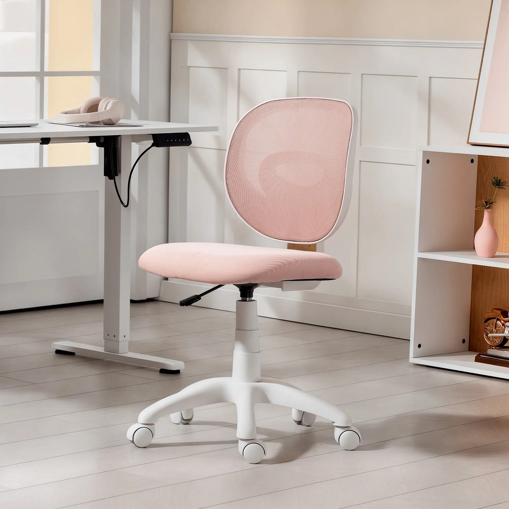 HOMCOM Scaun de Birou Ergonomic Rotativ din Material Tip Plasă Respirabil Fără Brațe, Înălțime Reglabilă, Roz | Aosom Romania