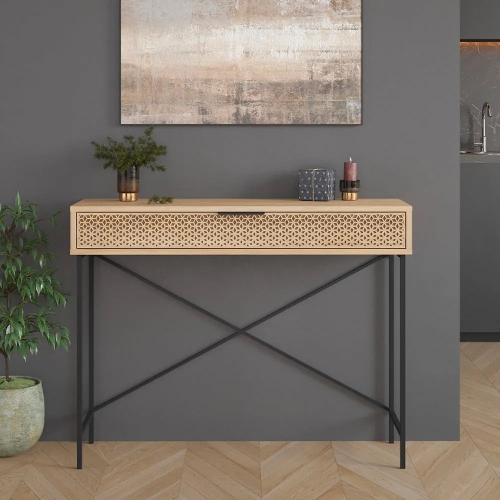 Masă consolă în culoare naturală cu aspect de lemn de stejar 35.5x110 cm Ecrin – Marckeric