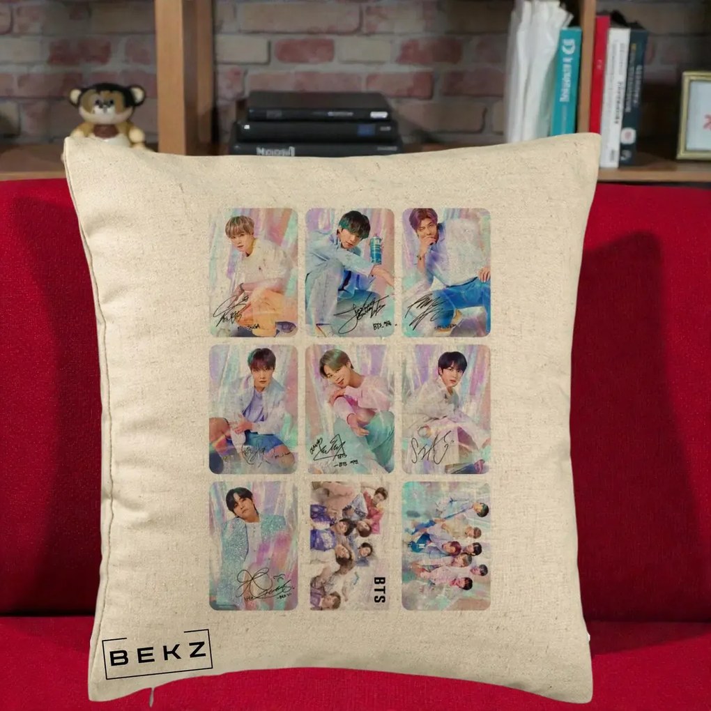 Perna personalizata K-pop BTS Colaj 9 Fotografii Autografe Individual, 40x40 cm cu Umplutura, Bej, BEKZ