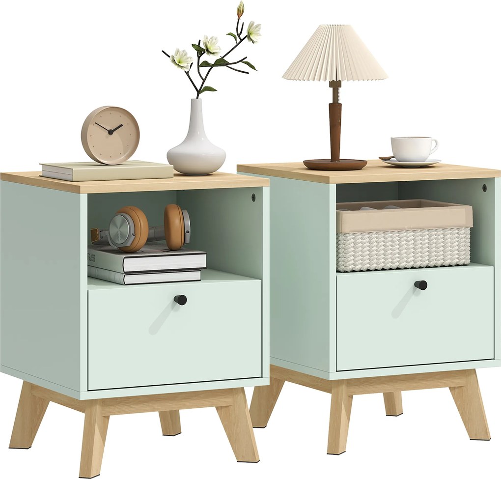 HOMCOM Set de 2 noptiere, noptiere cu sertar și compartiment deschis, 40 x 40 x 55 cm, stejar și verde deschis | Aosom Romania