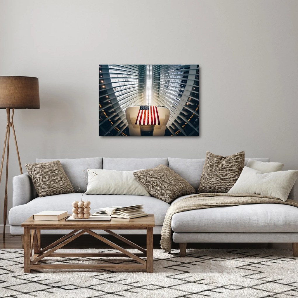 Tablou unei construcții cu steagul SUA (70x50 cm)