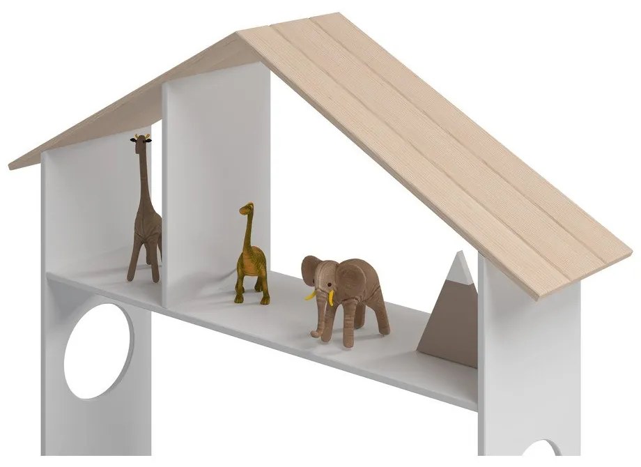 Pat pentru copii alb/natural de tip casă cu aspect de lemn de pin cu spațiu de depozitare 90x190 cm Odessa – Marckeric