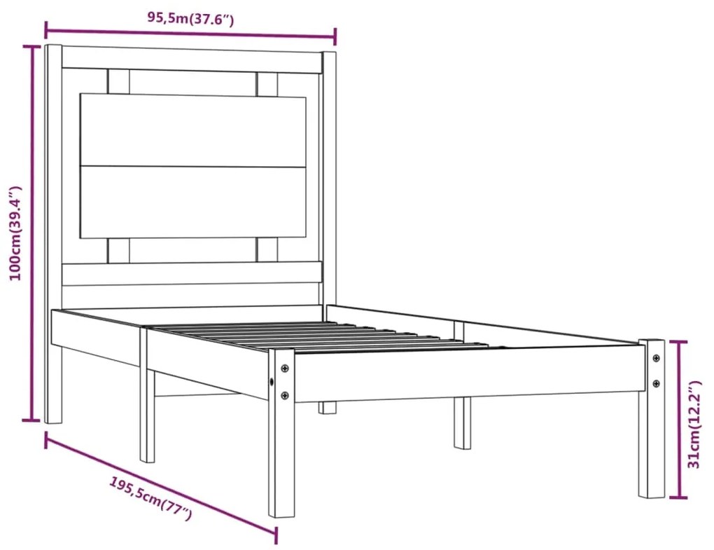 Cadru de pat Single 3FT, 90x190 cm, lemn masiv Maro, 90 x 190 cm