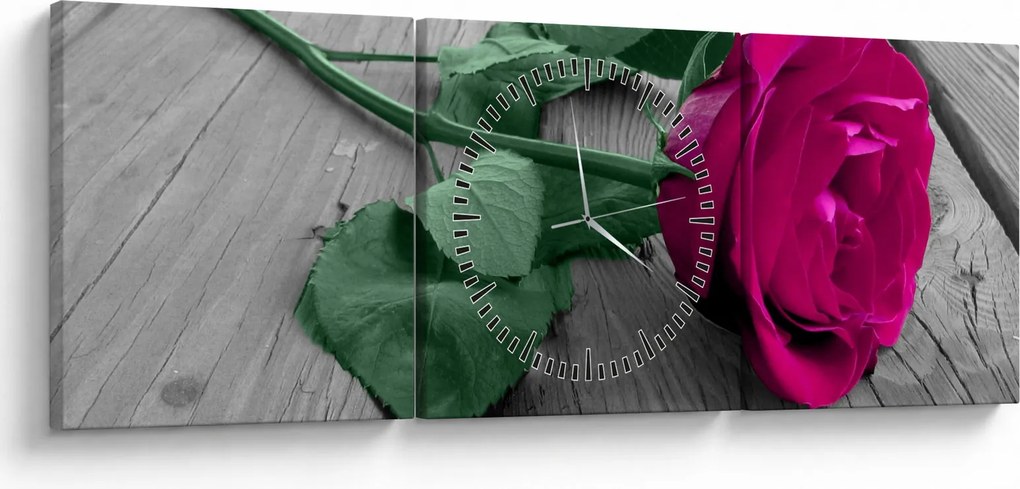 Tablou - Trandafir roz cu tulpina verde (cu ceas) (90x30 cm)