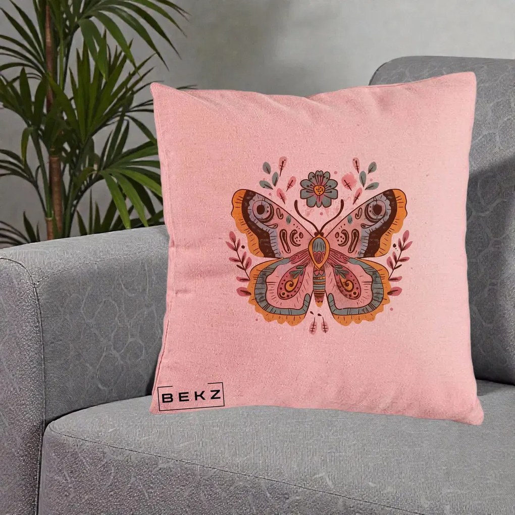 Perna Decorativa Fluture Boho Floral, 40x40 cm, Roz, Husa Detasabila, Perna Inclusa, BEKZ®
