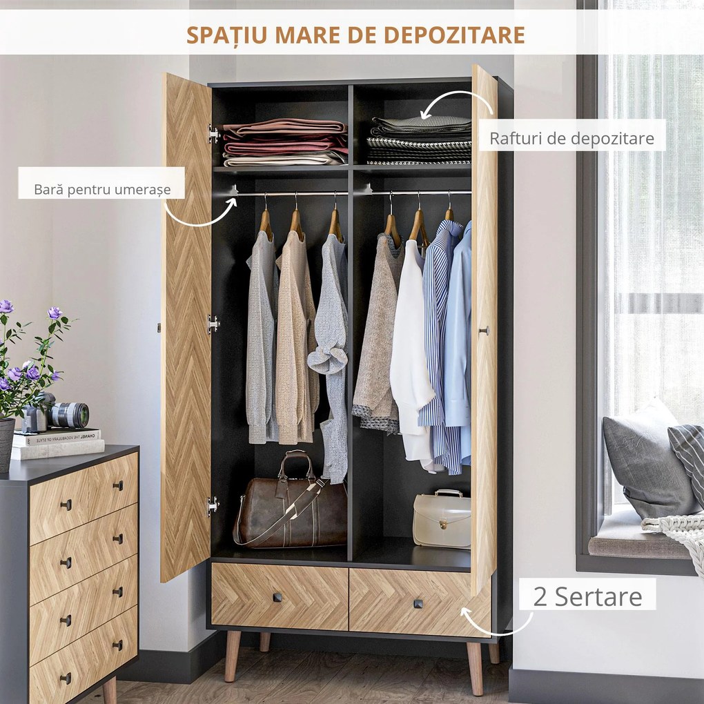 HOMCOM Dulap din lemn cu doua usi: 4 compartimente, 2 umerase si sertare culoare gri inchis, 90x50x190 cm | Aosom Romania