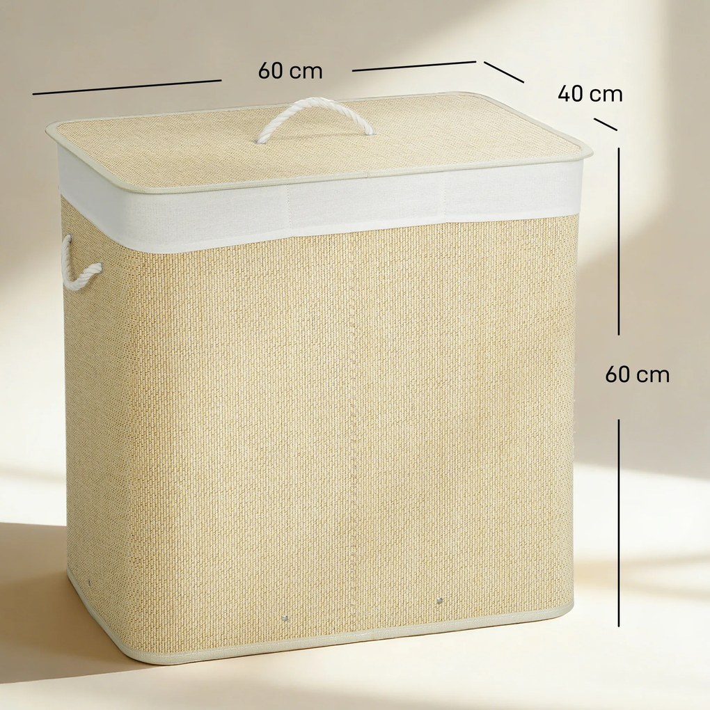 HOMCOM Coș pentru Rufe din Bambus cu Capac, 144L, 3 Compartimente, Sac Detașabil și Lavabil, Mânere, Crem | Aosom Romania