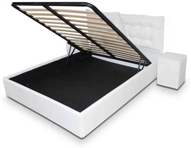 Pat tapitat cu piele ecologica, 90 x 200, cu sertar lenjerii si somiera rabatabila,  Culoare Alb, Otto