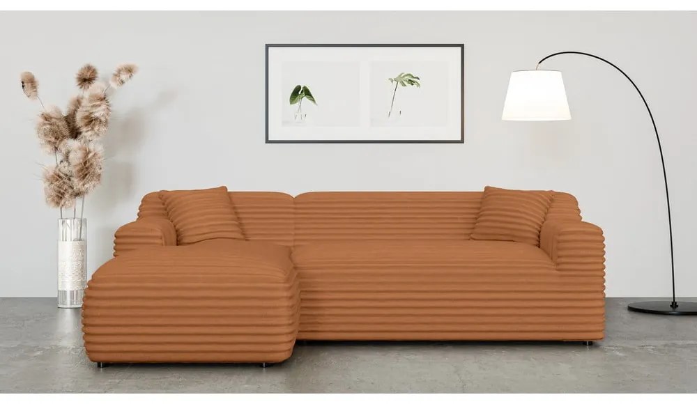 Colțar teracotă cu tapițerie din catifea reiată (cu colț pe partea stângă, cu șezlong) Martin – Ropez