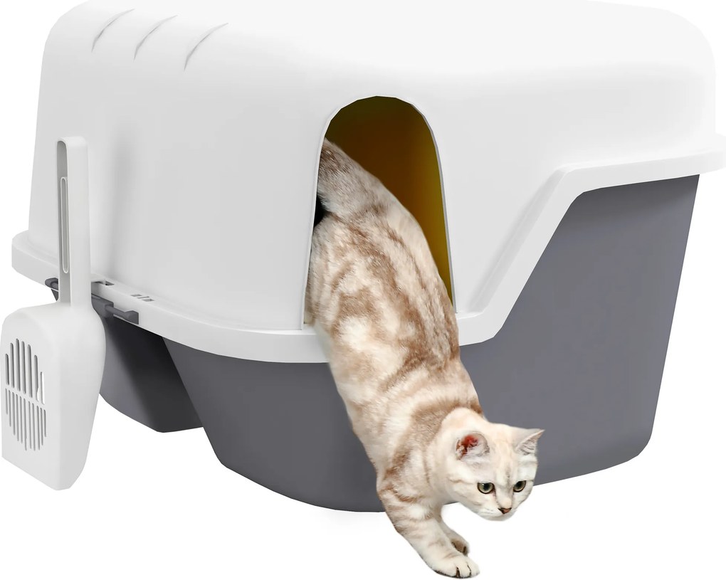 PawHut Bac de nisip pentru pisici casă de toaletă pentru pisici capac superior blocabil și deschis 50 x 50 x 39 cm, crem | Aosom Romania