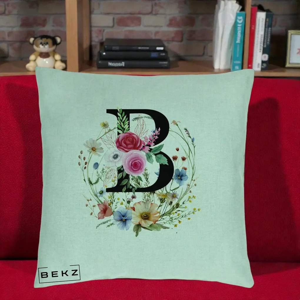 Cadou Personalizat - Perna Personalizata Monogram Litera B cu Flori Acuarela, 40x40 cm, Verde Menta, Husa Detasabila, Perna Inclusa, BEKZ®