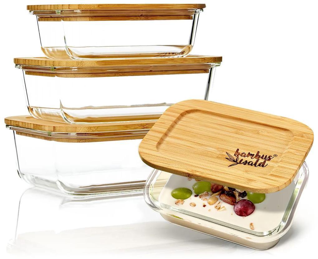 Set recipiente pătrate pentru depozitarea alimentelor, sticlă, capac din bambus, 4 bucăți, diferite dimensiuni