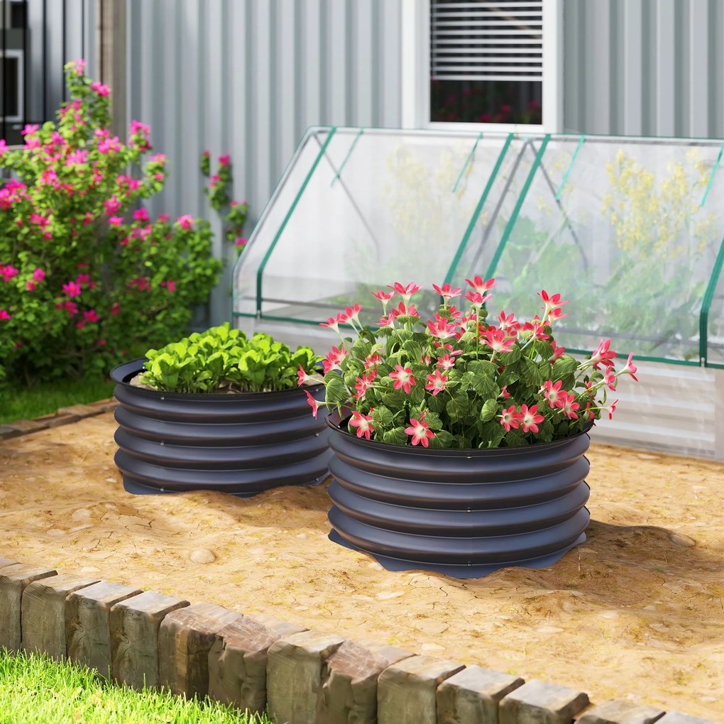 Outsunny Set de 2 containere de plantare galvanizate, Ø60 x 30H cm, ghivece cu fund deschis pentru diferite plante, Gri închis | Aosom Romania
