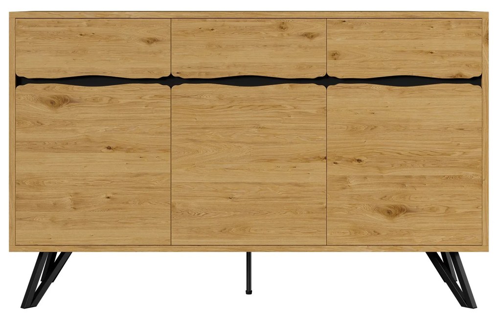 Comodă cu 3 uși, picioare metalice, mult spațiu de depozitare, 140x40x75,5 cm, Culoare naturală