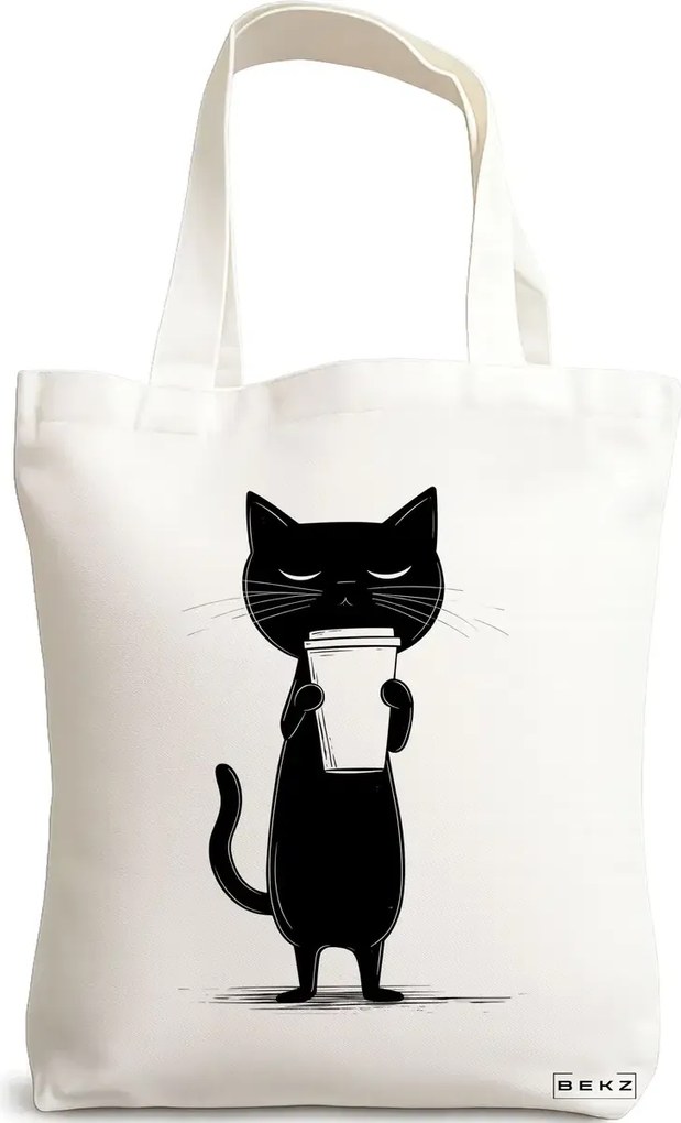 Sacosa de Panza pentru Cumparaturi, Geanta Tote, model Caffeine Cat 8 38 x 34.5 cm, Alba, BEKZ®