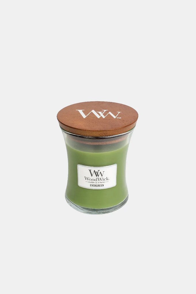 Lumânare medie WoodWick Evergreen verde