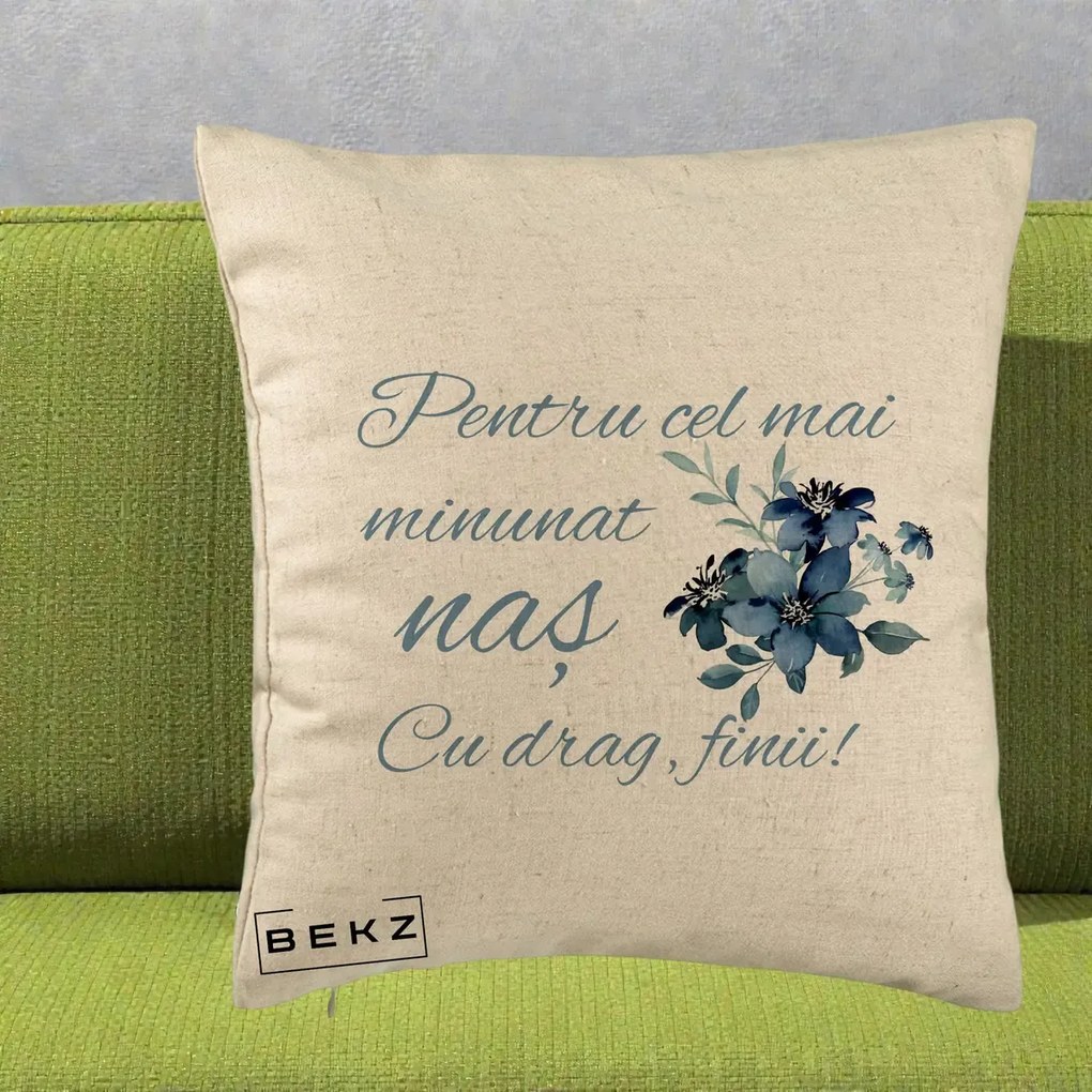 Cadou pentru Nas - Perna Personalizata Pentru Cel mai Minunat Nas Cu drag Finii, 40x40 cm, Bej, Husa Detasabila, Perna Inclusa, BEKZ®
