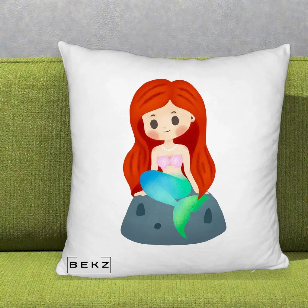 Perna Personalizata Sirena Kawaii Roscat, 40x40 cm, Alb Pufos, Husa Detasabila, Perna Inclusa, BEKZ®