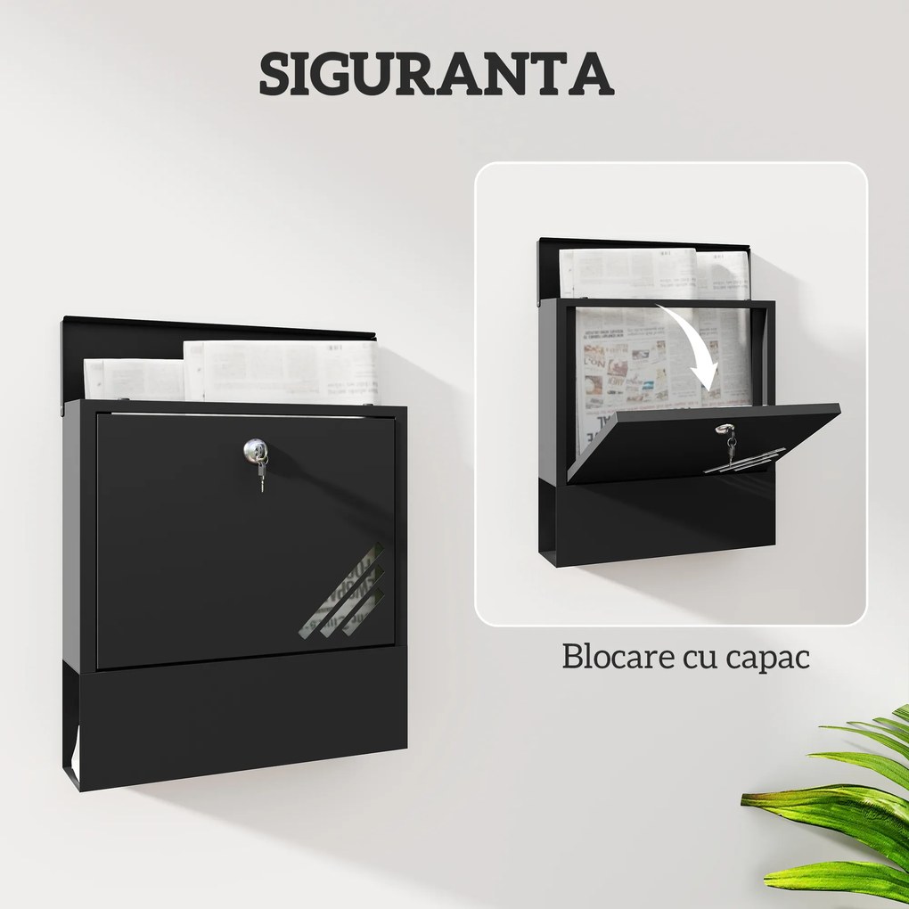 HOMCOM Cutie Poștală de Perete cu Fereastră, Încuietoare și 2 Chei, 30x8,5x32,5 cm, Gri Cărbune | Aosom Romania