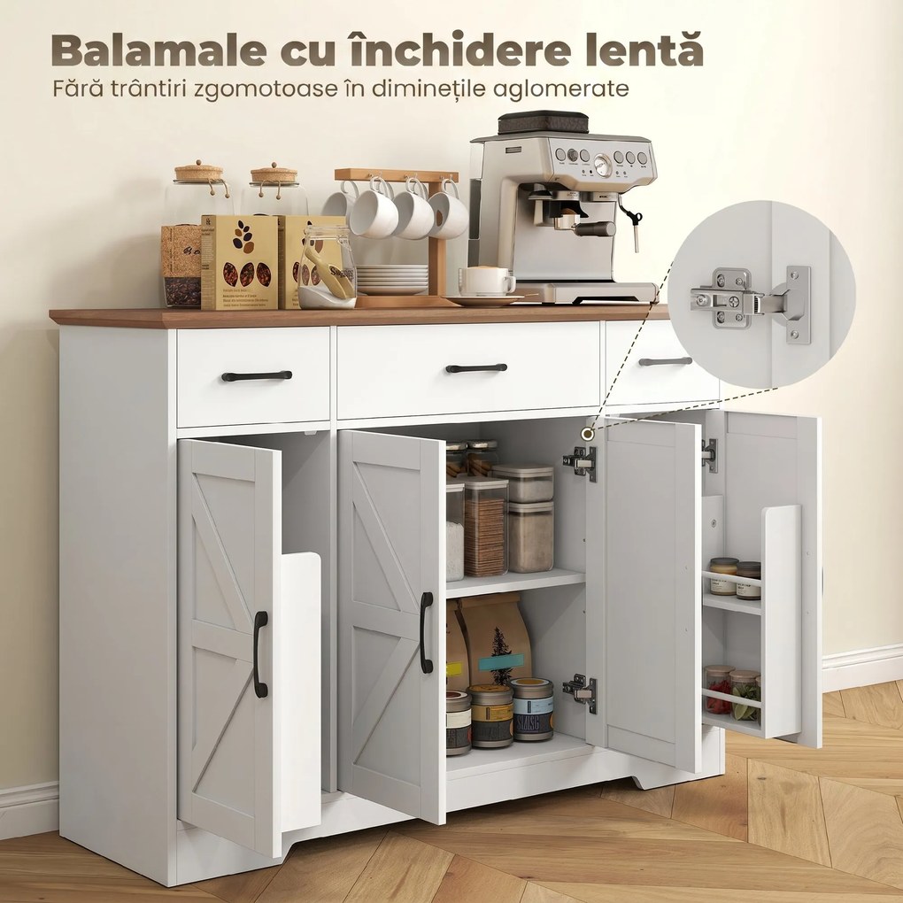 HOMCOM Bufet Bucătărie Rustic, Bufet cu Uși Soft-Close, 3 Sertare, 3 Rafturi Reglabile, Portaspecii, PAL, MDF, Alb | Aosom Romania
