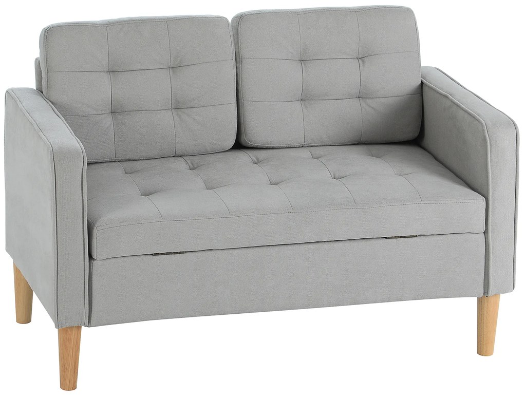 HOMCOM Canapea cu Două Locuri cu Spațiu de Depozitare, Butoniera, Perne, Lemn de Cauțiuc, 117x62x78 cm, Gri Deschis | Aosom Romania