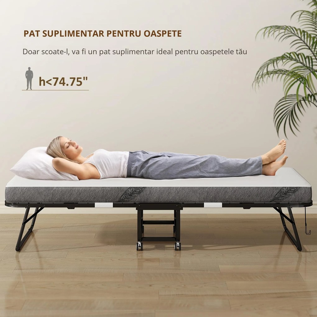 HOMCOM Pat pliant de oaspeți cu roți Oțel+Spumă Alb+Negru 200 x 80 x 42,5 cm | Aosom Romania