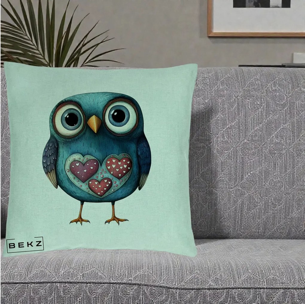 Perna Decorativa Bufnita Teal cu Doua Inimi, 40x40 cm, Verde Menta, Husa Detasabila, Perna Inclusa, BEKZ®