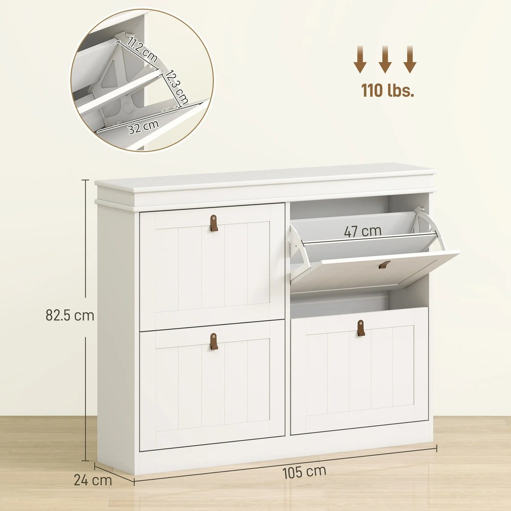 HOMCOM Pantofar Slim cu 4 Uși Rabatabile, Rafturi Reglabile, pentru 10-20 Perechi, Alb | Aosom Romania