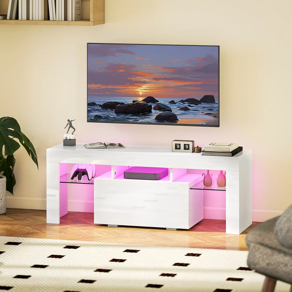 HOMCOM Dulap TV, mobilier TV cu iluminare LED RGB, finisaj ultra-lucios, rafturi din sticlă securizată, 120x34x45cm, alb | Aosom Romania