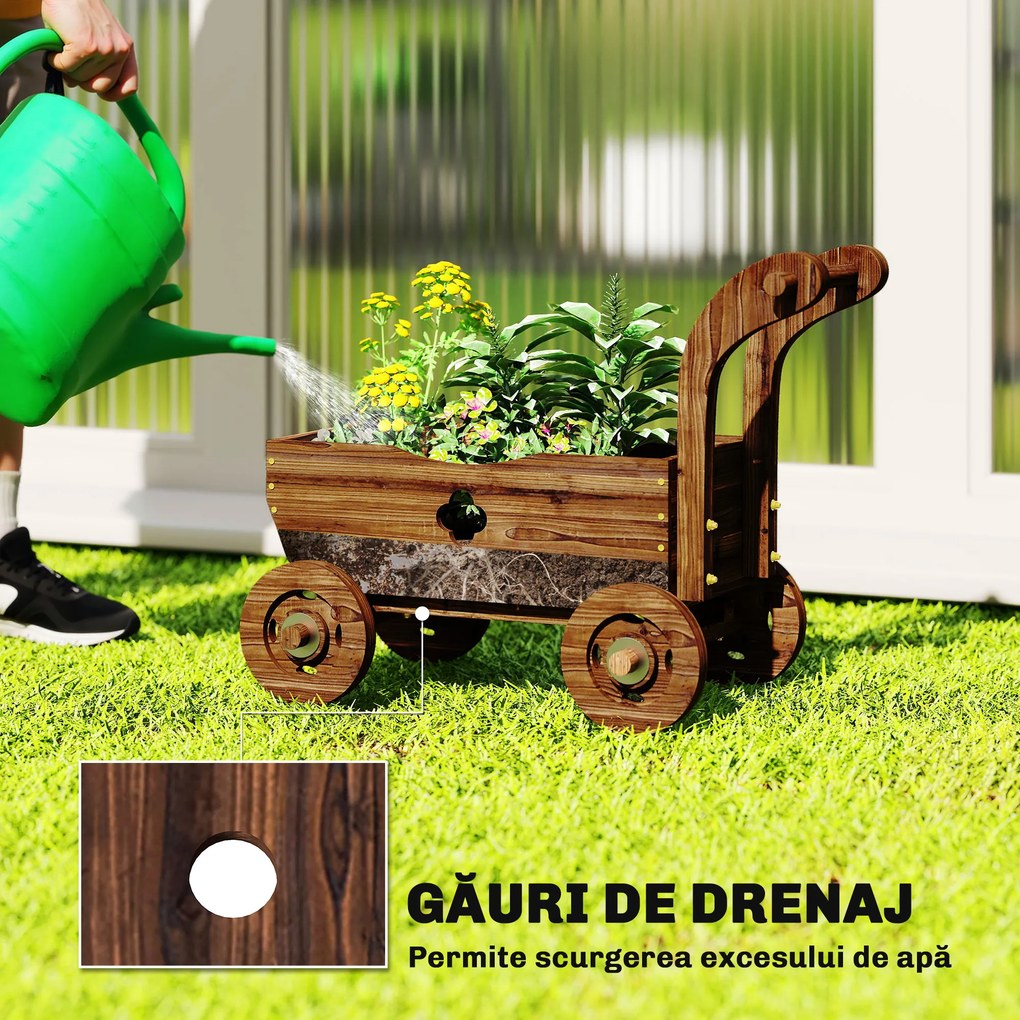 Outsunny Strat Înălțat pentru Grădină în Formă de Cărucior cu 4 Roți și Mâner, Ghiveci din Lemn de Molid cu Găuri de Drenaj, pentru Balcon, Terasă, 68x38x52 cm, Finisaj Carbonizat | Aosom Romania